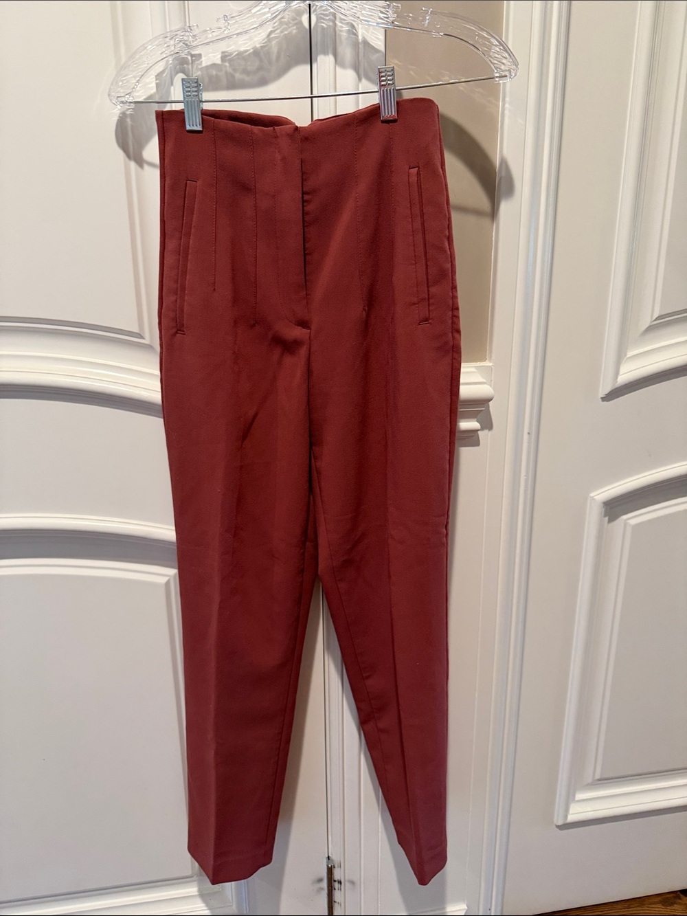 High-Waist Slim Tapered Pants - Rust/mauve